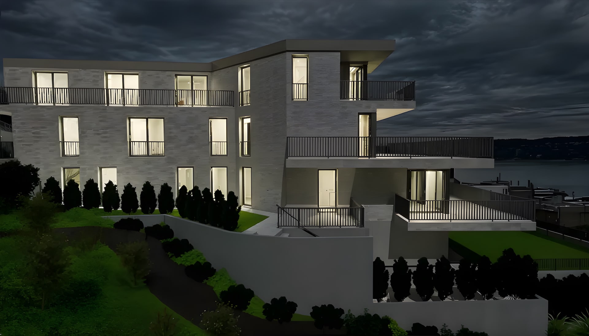 Neubau Zweifamilienhaus im Bezirk Horgen Aussenansicht Süd bei Nacht